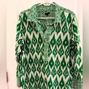 Talbots Green and White Ikat Collared Tunic